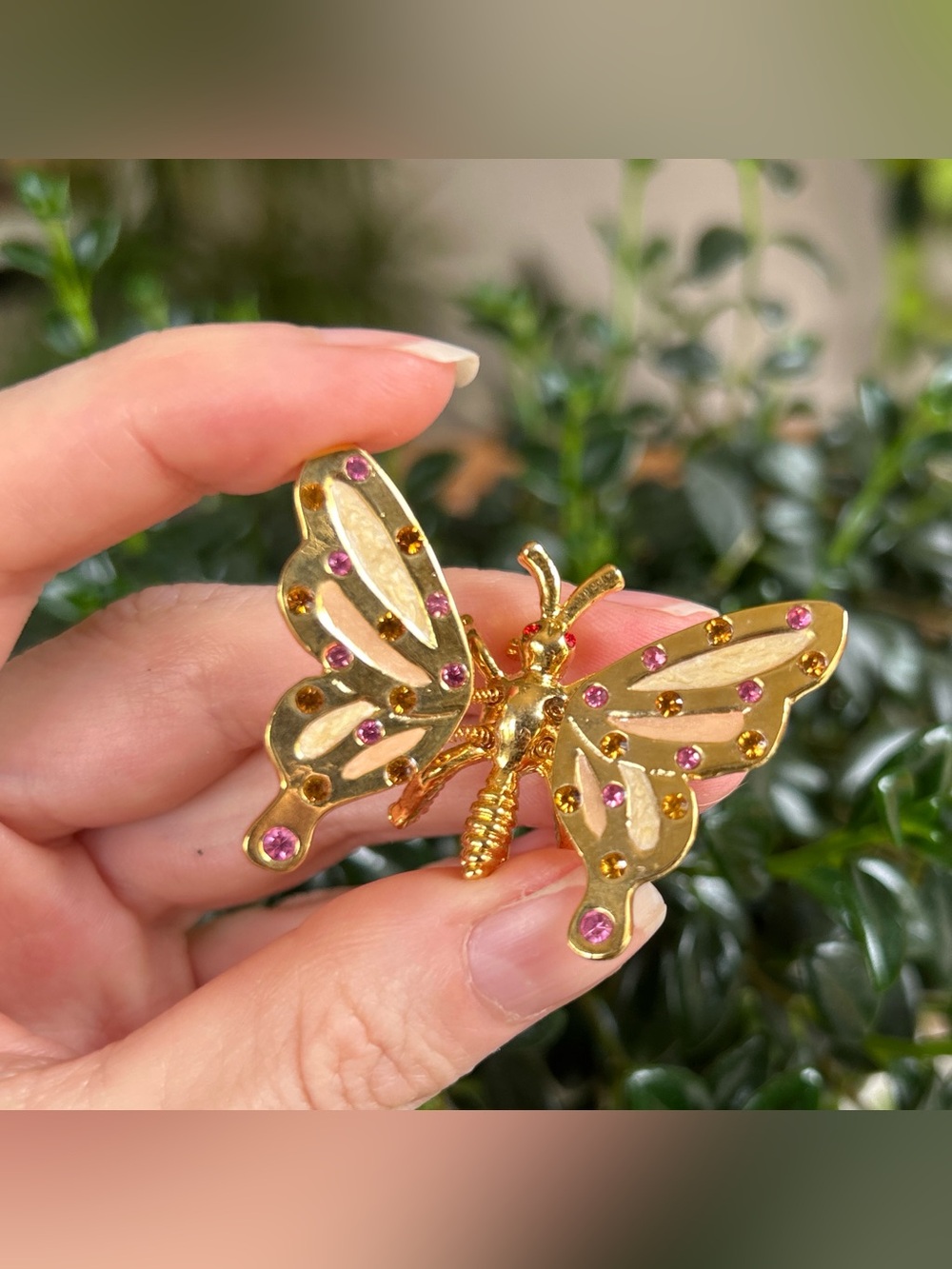 Vintage Gold-Tone Butterfly Brooch with Pink and Amber Crystals